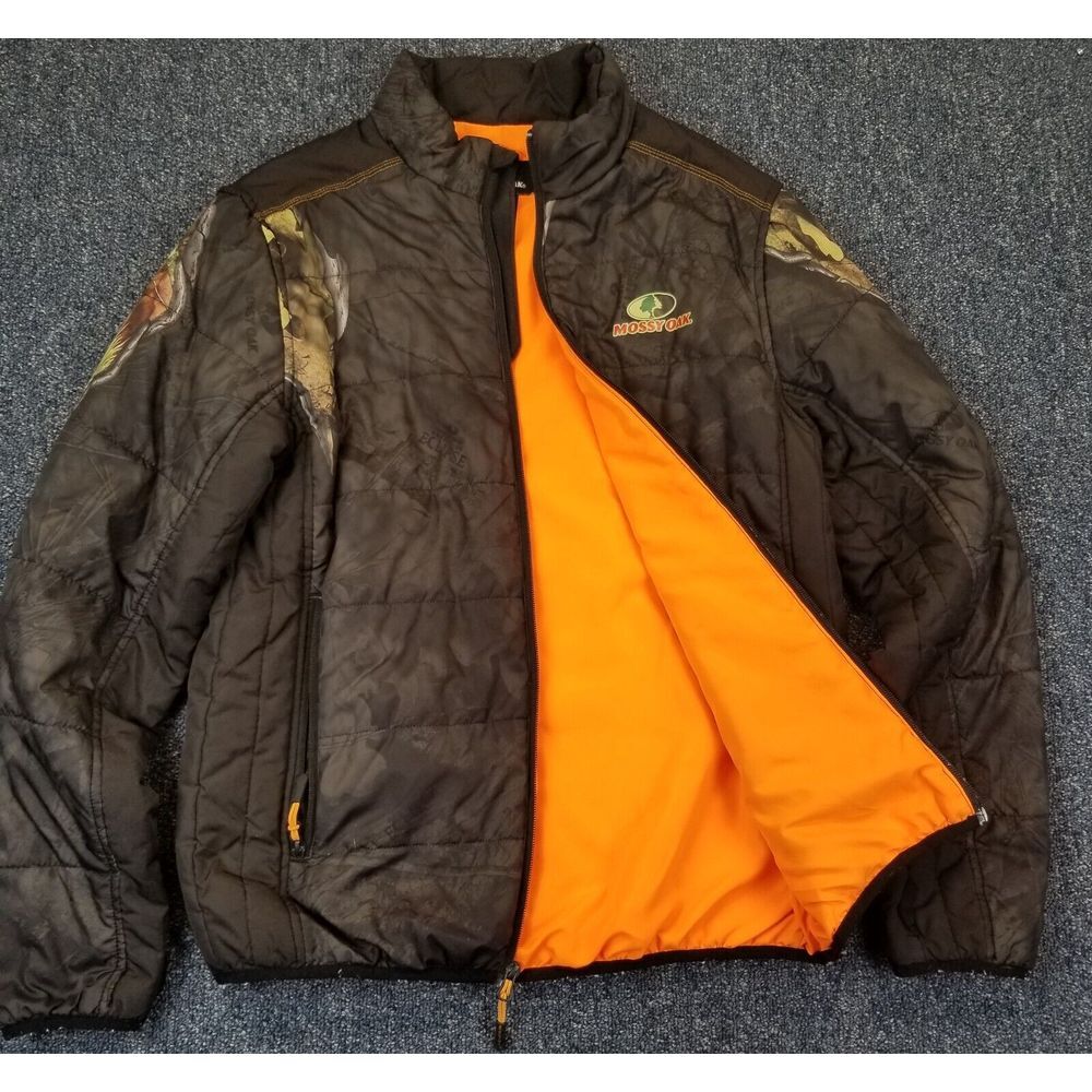 Mossy Oak Jacket Men's M Puffer Black Camo Orange Liner Lightweight Hunting Soft